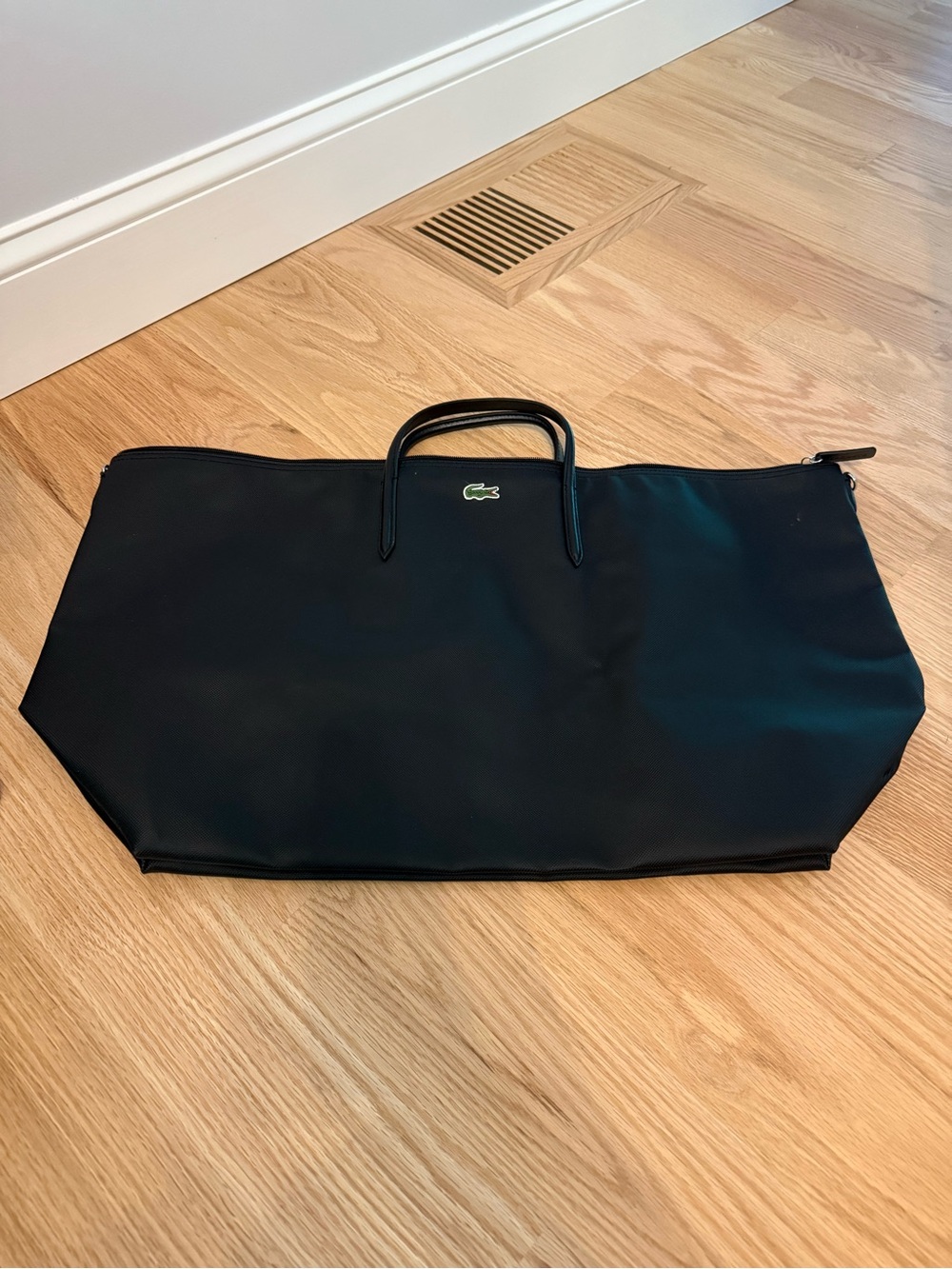 Lacoste Black Duffel Travel Bag with Green Crocodile Logo